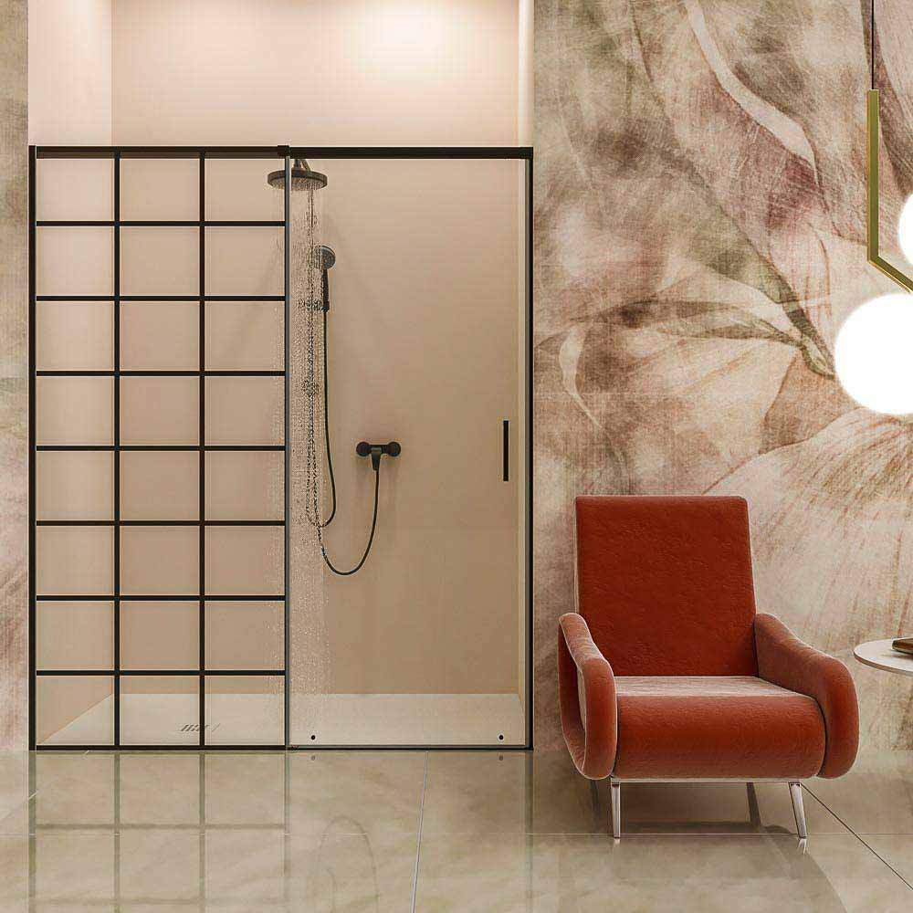 Mampara de ducha AXER frontal 1 fijo 1 puerta decorado SOHO negro cuadros 1