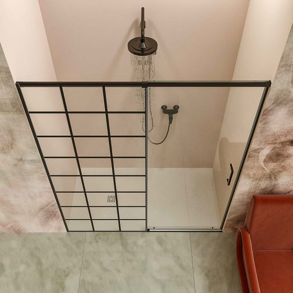 Mampara de ducha AXER frontal 1 fijo 1 puerta decorado SOHO negro cuadros 2 1