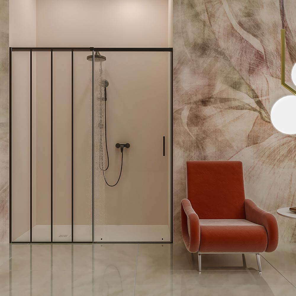 Mampara de ducha AXER frontal 1 fijo 1 puerta decorado SOHO negro rayas 1