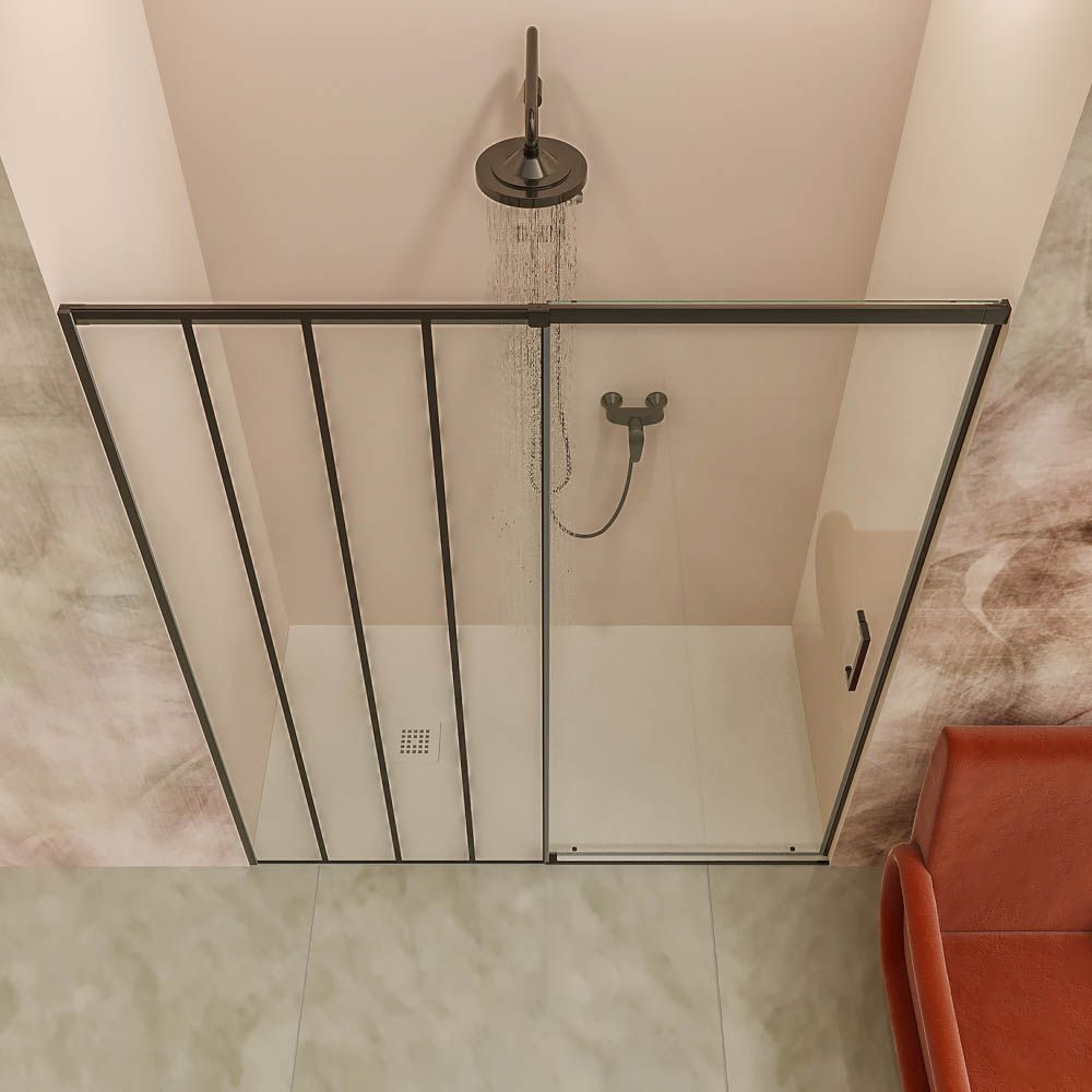 Mampara de ducha AXER frontal 1 fijo 1 puerta decorado SOHO negro rayas 2 1