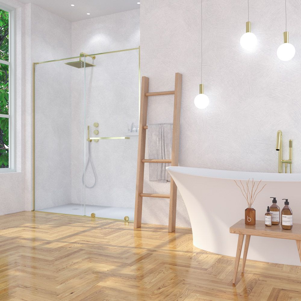 Mampara de ducha frontal 1 fijo 1 puerta corredera sin perfil superior VERONA acabado ORO 2 1