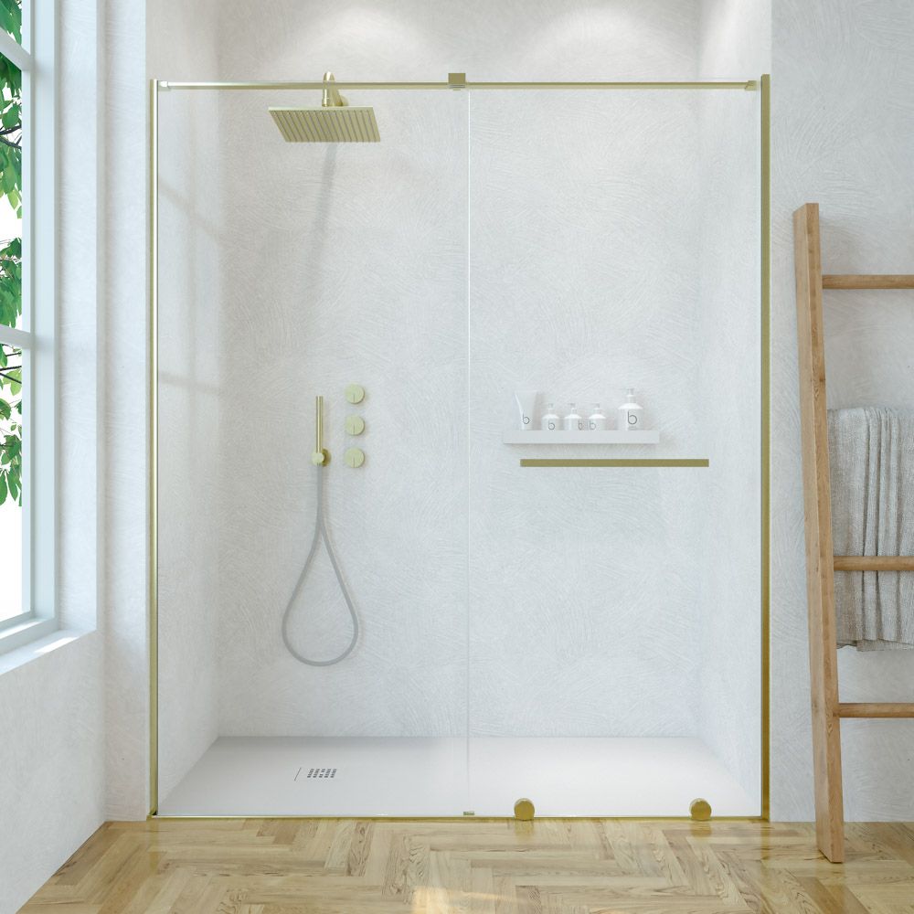 Mampara de ducha frontal 1 fijo 1 puerta corredera sin perfil superior VERONA acabado ORO 5 1