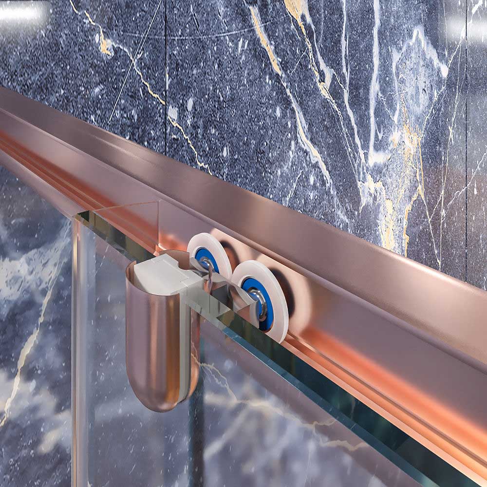 Mampara de ducha rectangular 2 fijos 2 puertas correderas FLARE detalle ruedas COBRE.jpg