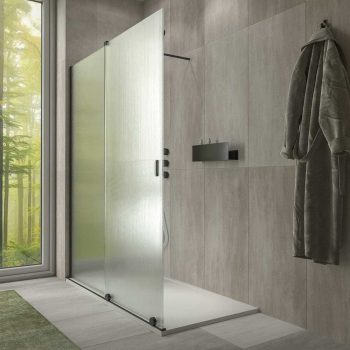 Varobath mampara de ducha ANDREA 1 fijo 1 puerta abierta negro mate vidrio acanalado.jpg