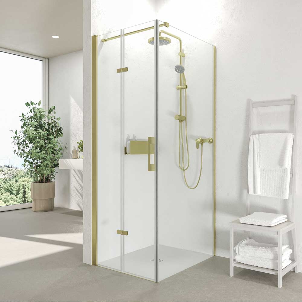 Mampara de ducha SINTESIS rectangular 1 fijo 1 puerta plegable oro mate.jpg