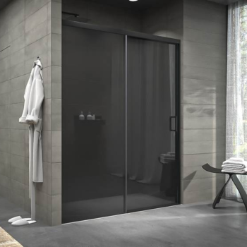VAROBATH mampara de ducha frontal 1 fijo 1puerta corredera NOVUM gun metal parsol gris.png