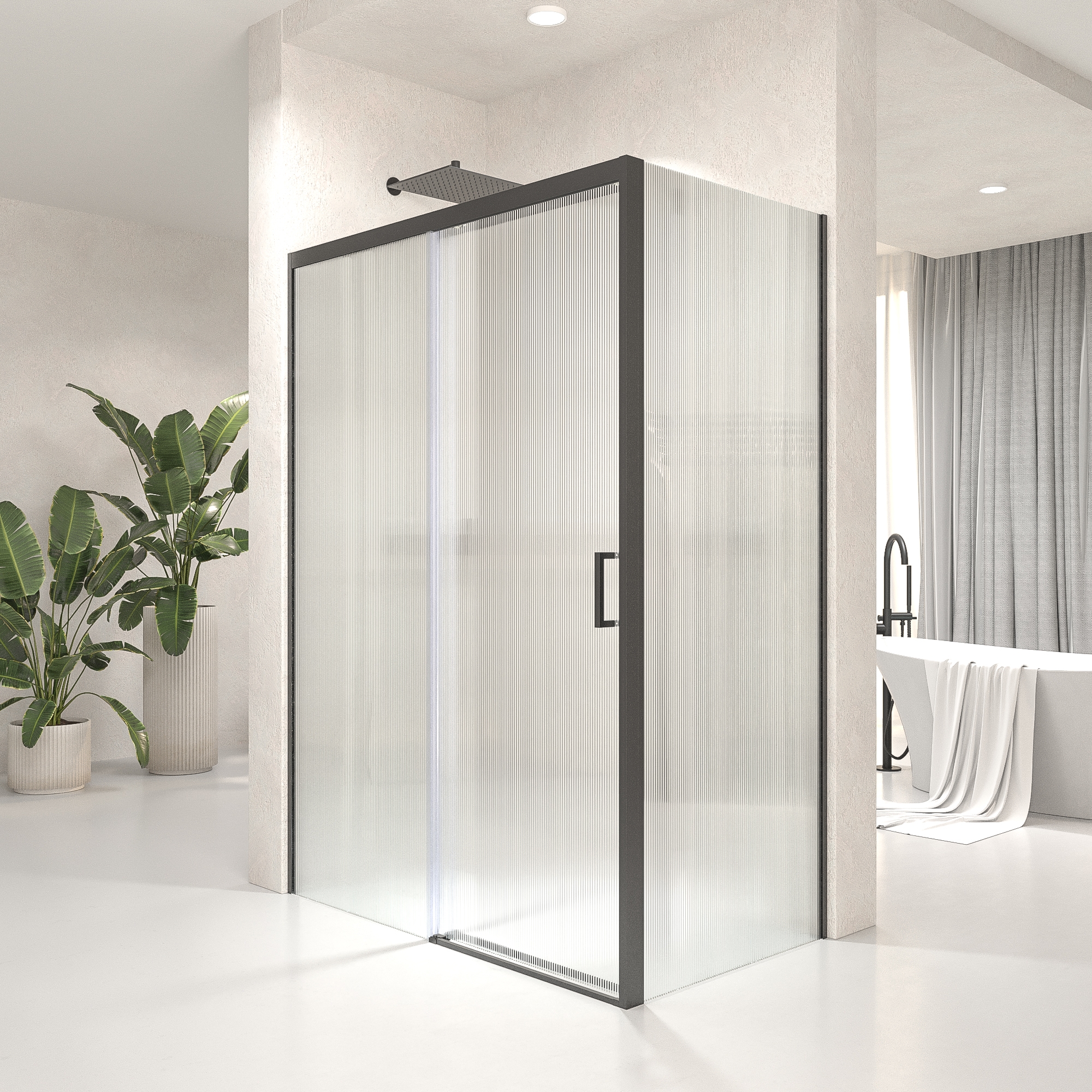 VAROBATH mampara de ducha rectangular 2 fijos 1 puerta NOVUM Gun metal vidrio acanalado.jpg