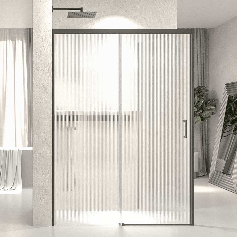 VAROBATH mampara de ducha rectangular 2 fijos 1 puerta NOVUM Gun metal vidrio acanalado1.png