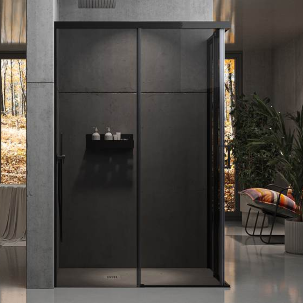VAROBATH mampara de ducha rectangular 2 fijos 1 puerta NOVUM gun metal parsol gris.png