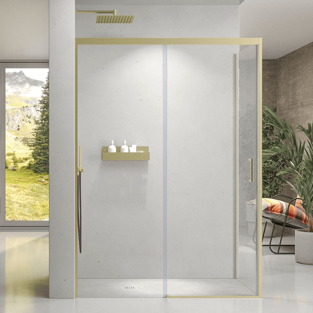 VAROBATH mampara de ducha rectangular 2 fijos 1 puerta NOVUM oro mate1.png