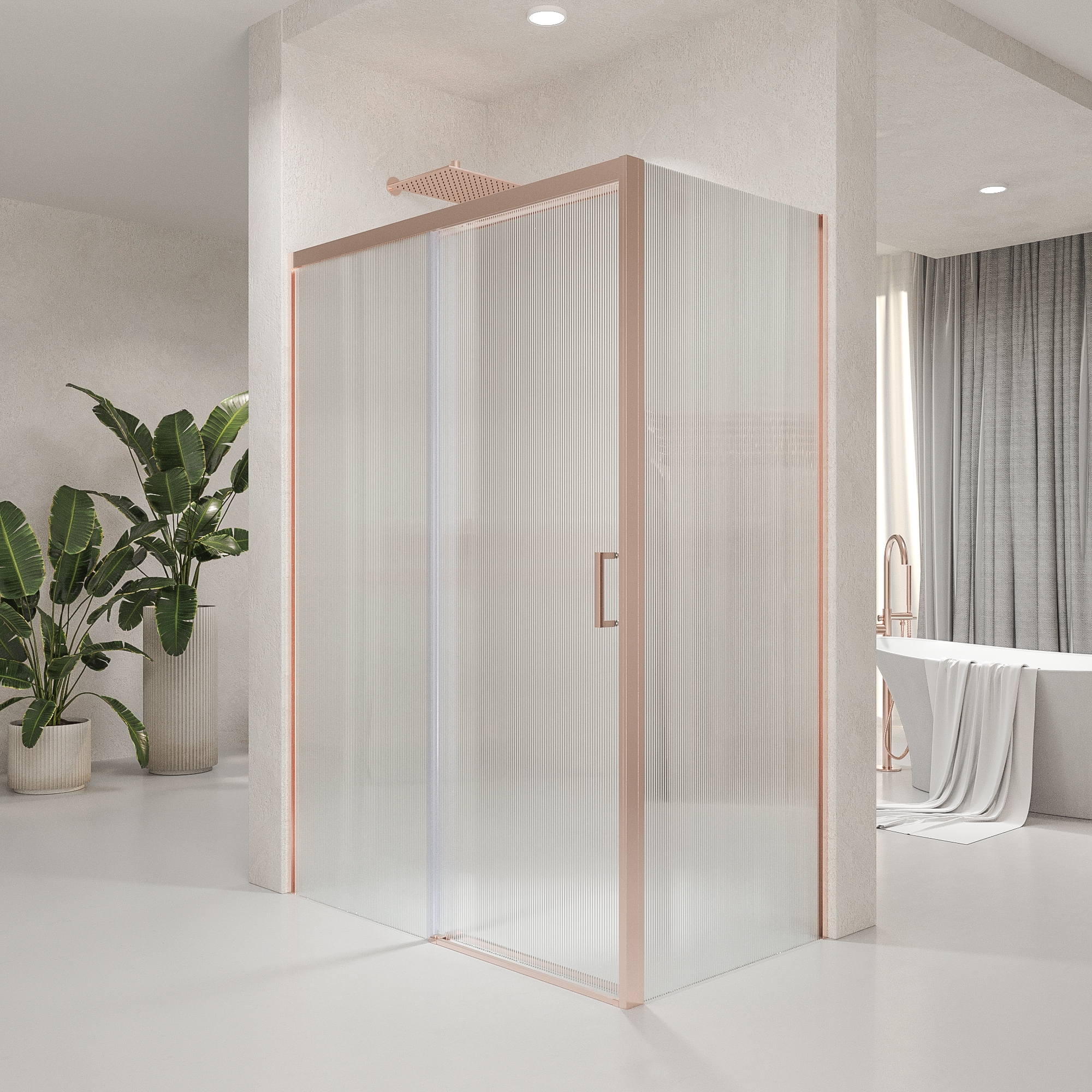 VAROBATH mampara de ducha rectangular 2 fijos 1 puerta NOVUM oro rosa vidrio acanalado.jpg