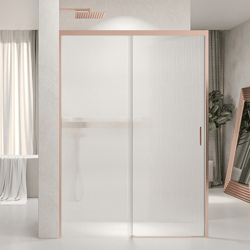 VAROBATH mampara de ducha rectangular 2 fijos 1 puerta NOVUM oro rosa vidrio acanalado1.png