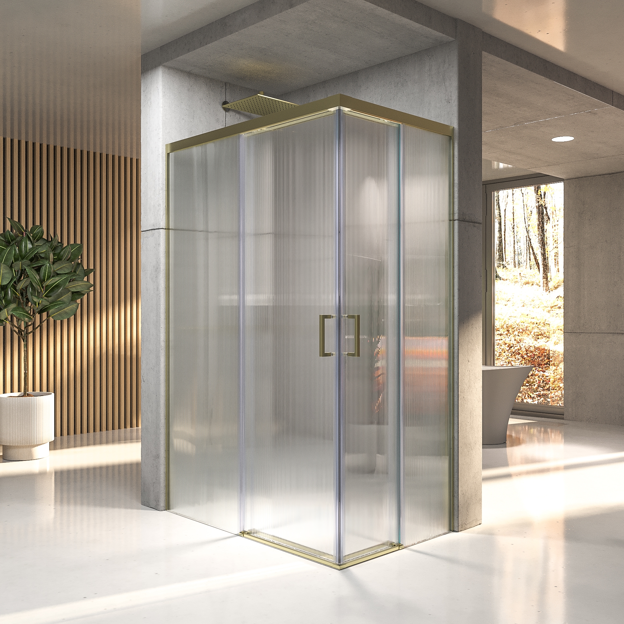 VAROBATH mampara de ducha rectangular 2 fijos 2 puertas NOVUM ORO MATE vidrio acanalado.jpg
