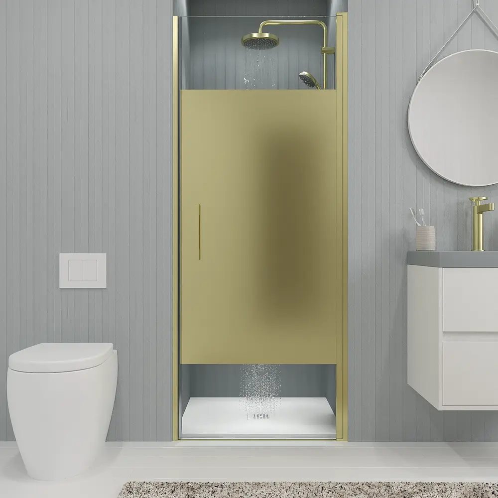 VAROBATH mampara ducha 1 puerta abatible OPEN oro mate serigrafia 6.webp