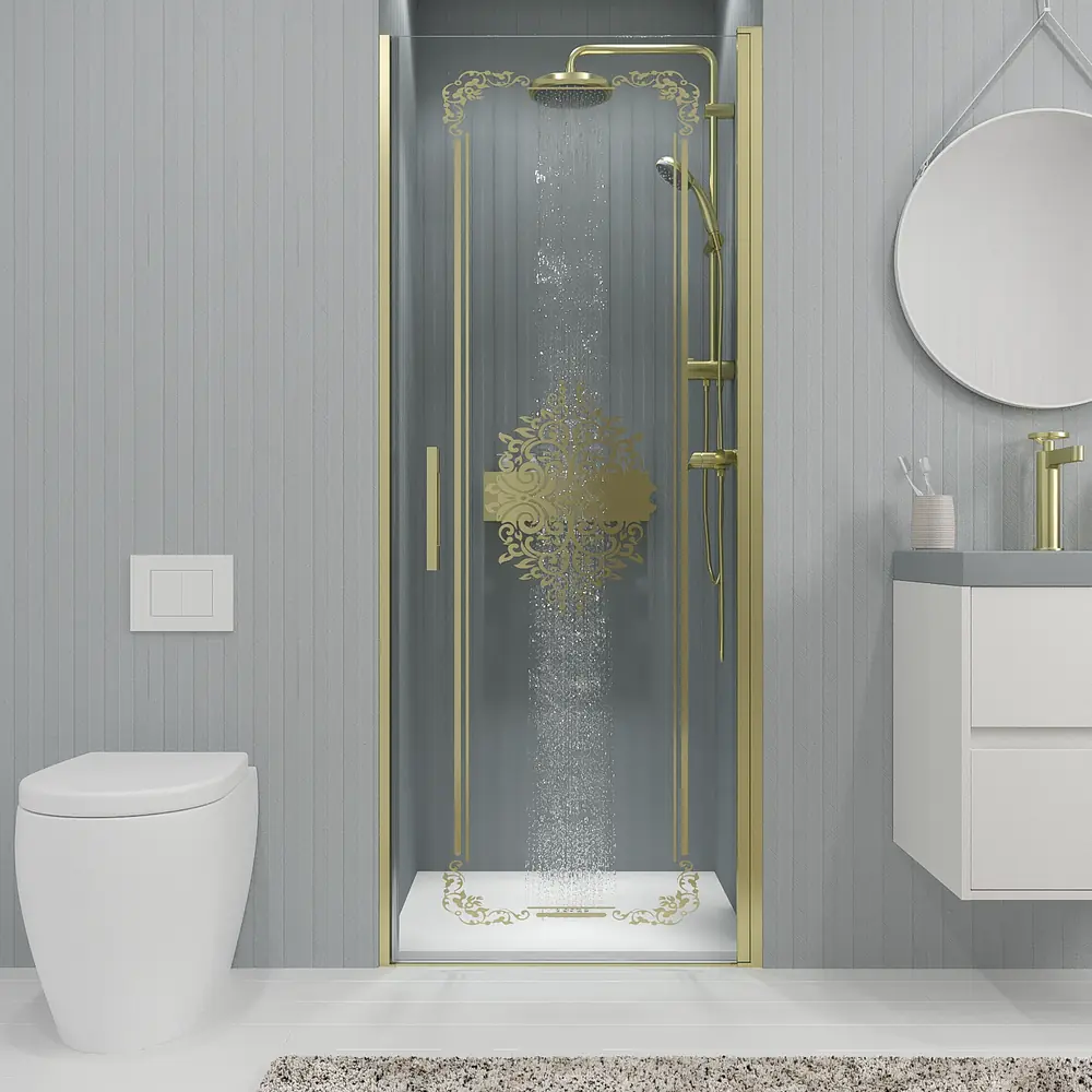 VAROBATH mampara ducha 1 puerta abatible OPEN oro mate serigrafia11.webp