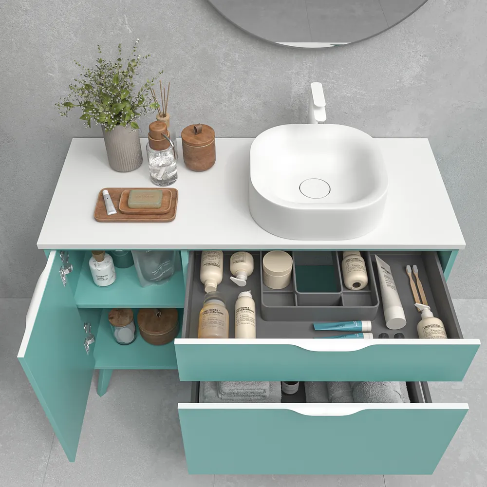 VAROBATH mueble de bano con patas KLUM 2cajones 1puerta verde claro 6027 4.webp