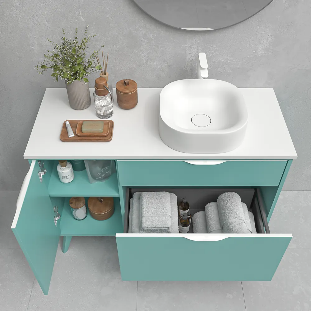 VAROBATH mueble de bano con patas KLUM 2cajones 1puerta verde claro 6027 5.webp