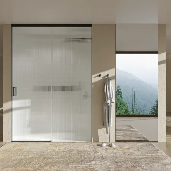 Varobath mampara a techo TECH STEEL frontal 1 fijo 1 puerta corredera negro vidrio acanalado 7.webp