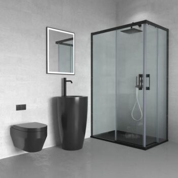 Mampara de ducha rectangular FLARE apertura angular 2 fijos-2 puertas correderas. Sin perfil inferior. Acabado efecto mármol. NEGRO MARQUINA