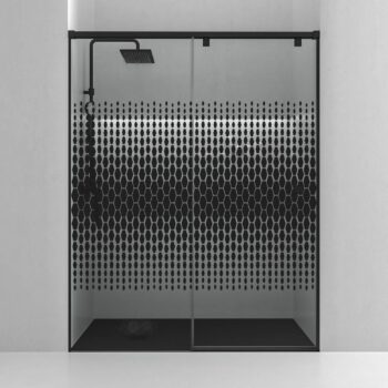 Mampara de ducha frontal LIFE 1 fijo + 1 puerta corredera Serigrafiada vidrio 8 mm con cierre amortiguado. Acabado NEGRO MATE