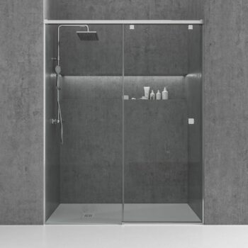 Mampara de ducha frontal LIFE 1 fijo + 1 puerta corredera vidrio 8 mm con cierre amortiguado. Acabado CROMO BRILLO