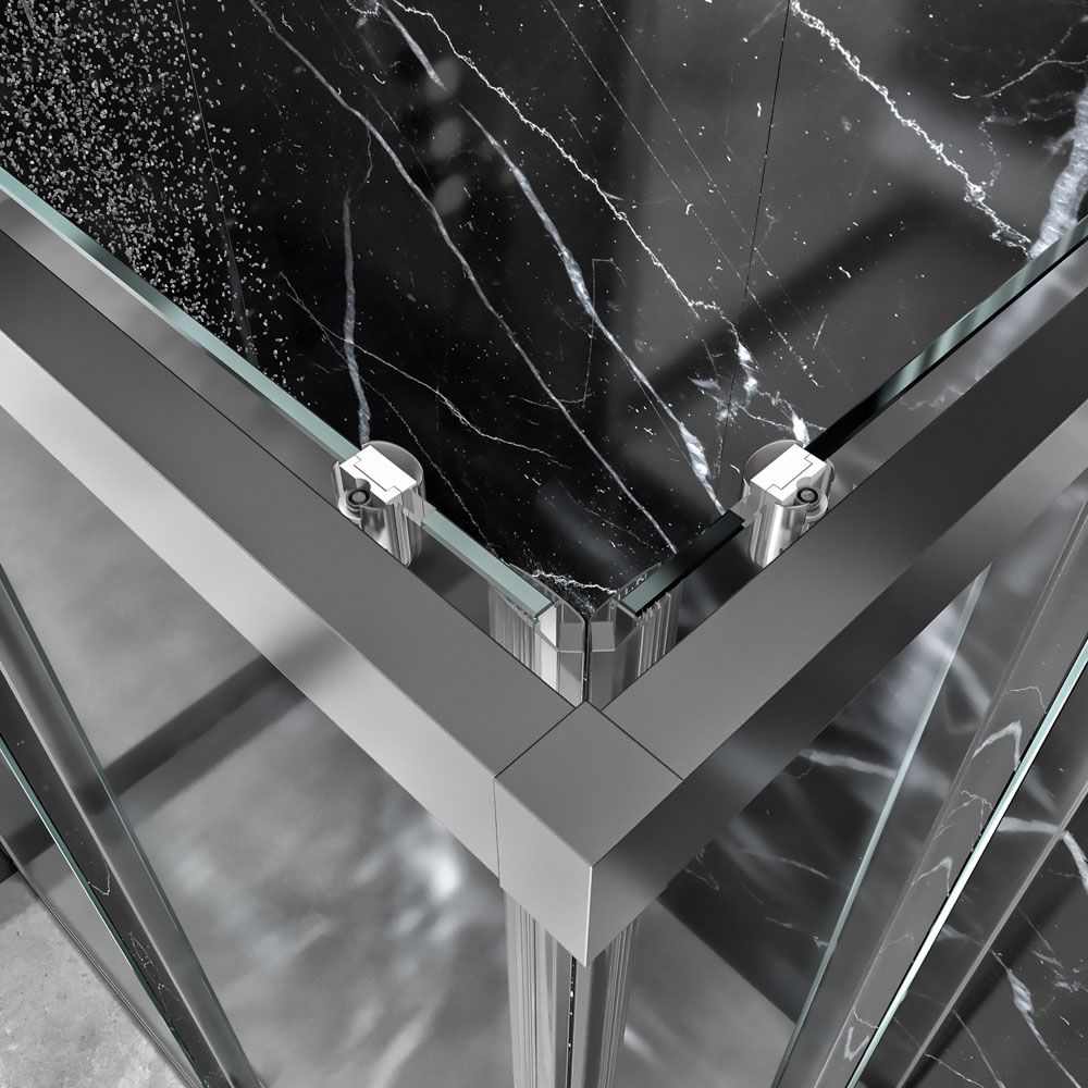 Mampara de ducha rectangular FRAME apertura angular 2 fijos-2 puertas correderas. Vidrio 6 mm templado seguridad. Acabado CROMO BRILLO