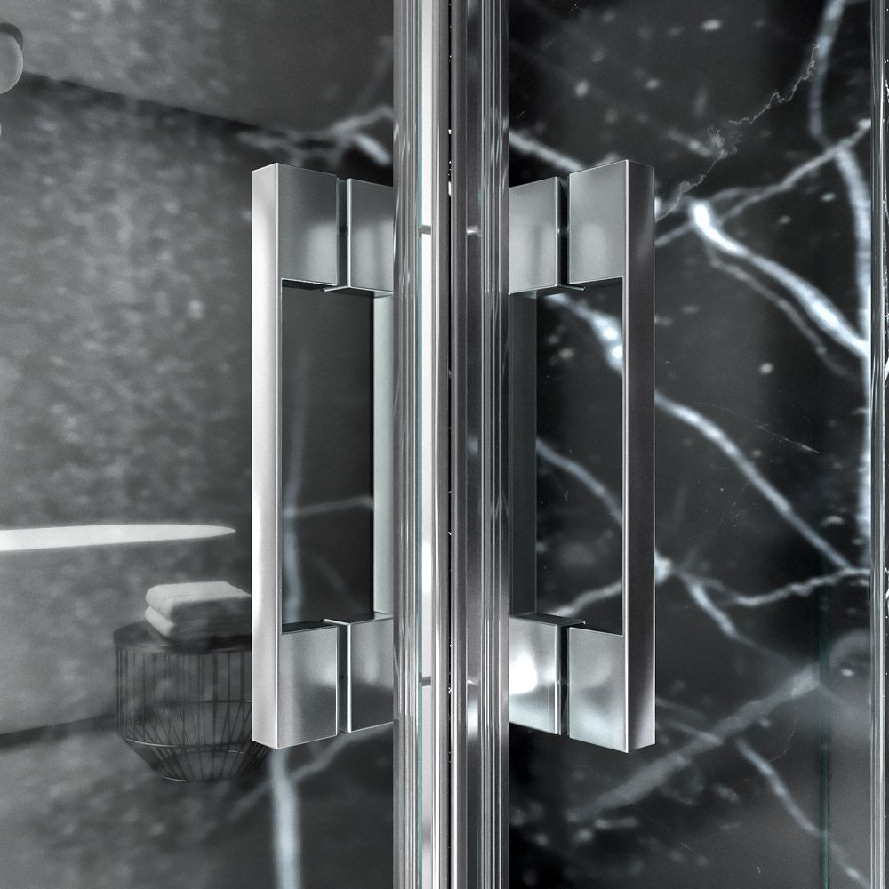 Mampara de ducha rectangular FRAME apertura angular 2 fijos-2 puertas correderas. Vidrio 6 mm templado seguridad. Acabado CROMO BRILLO