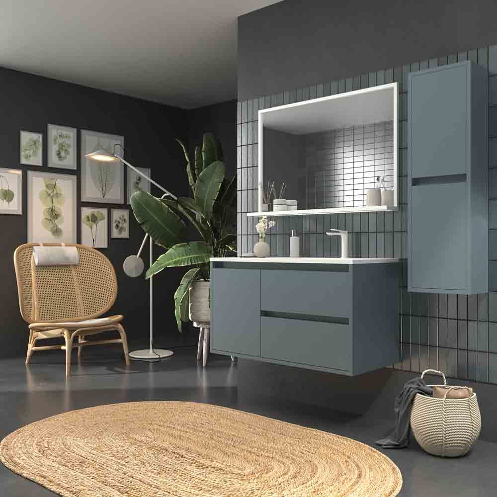 Mueble de baño suspendido 2 cajones / 1 puerta CLAIRE con lavabo Solid Surface GRIS AZULADO