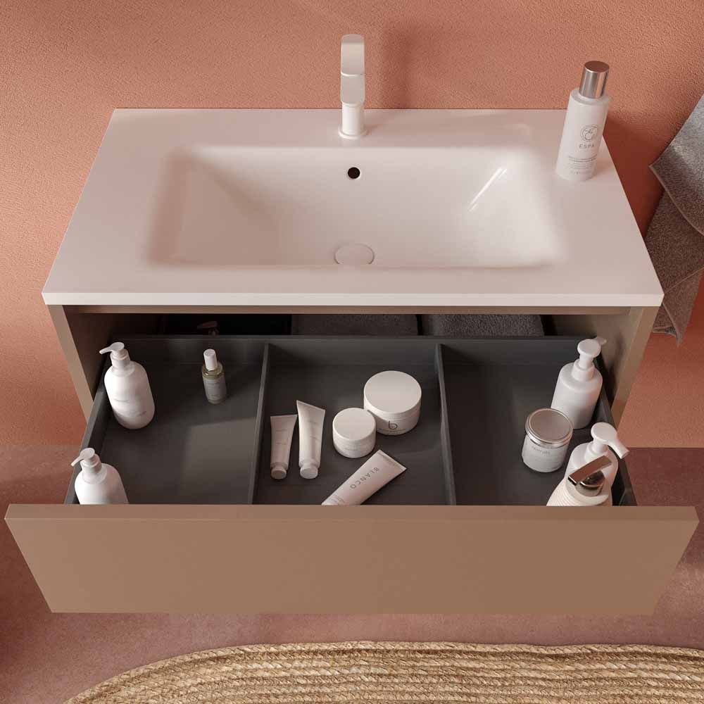 Mueble de baño suspendido 2 cajones CLAIRE con lavabo Solid Surface PARDO PALIDO
