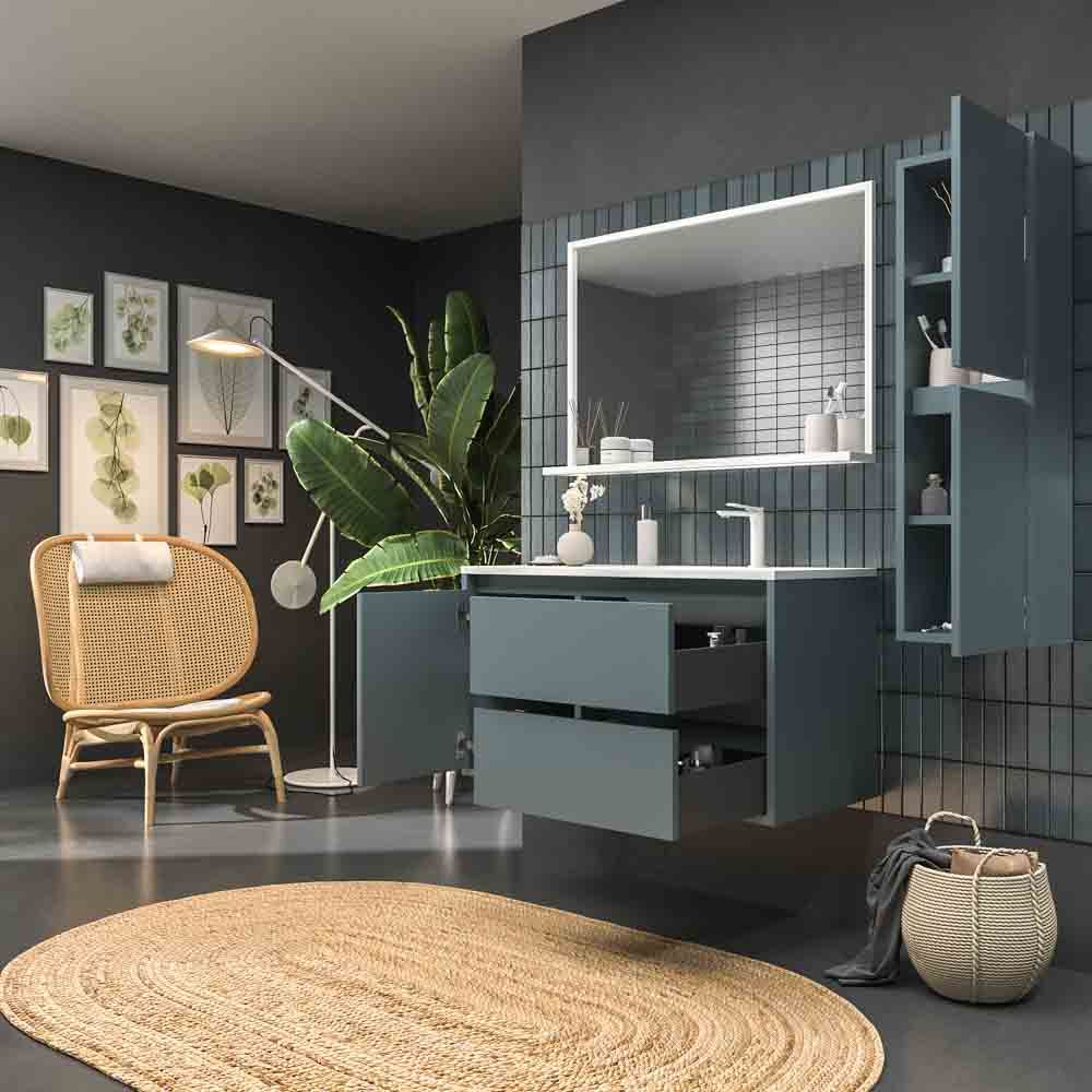 Mueble de baño suspendido 2 cajones / 1 puerta CLAIRE con lavabo Solid Surface GRIS AZULADO