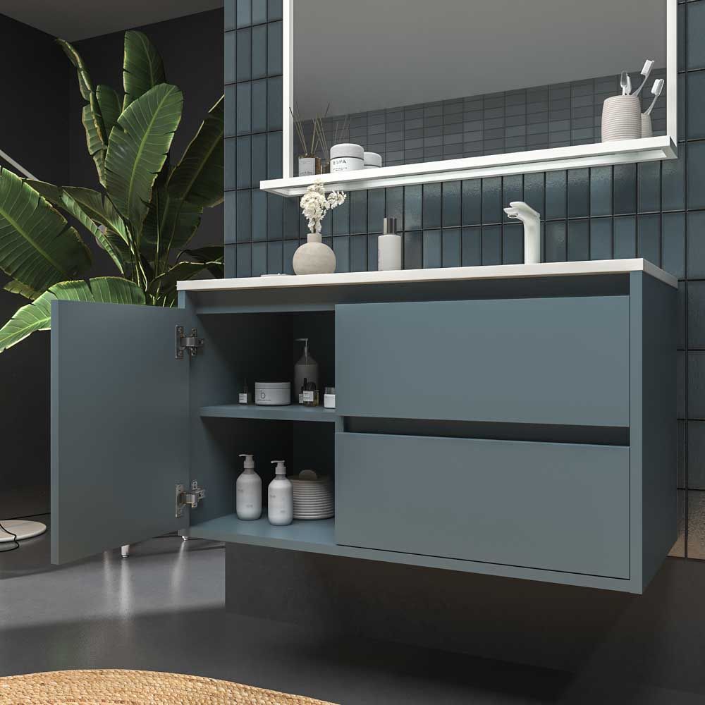 Mueble de baño suspendido 2 cajones / 1 puerta CLAIRE con lavabo Solid Surface GRIS AZULADO