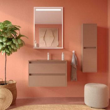 Mueble de baño suspendido 2 cajones CLAIRE con lavabo Solid Surface PARDO PALIDO