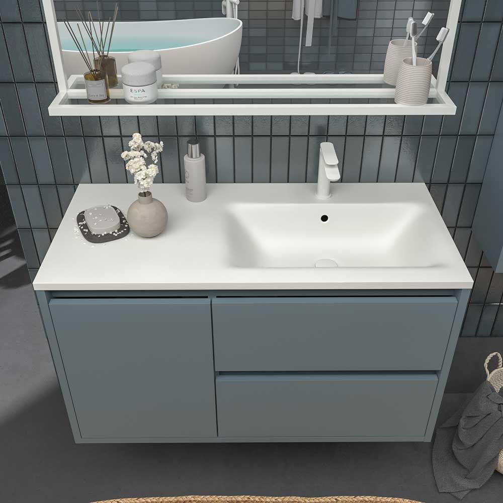 Mueble de baño suspendido 2 cajones / 1 puerta CLAIRE con lavabo Solid Surface GRIS AZULADO