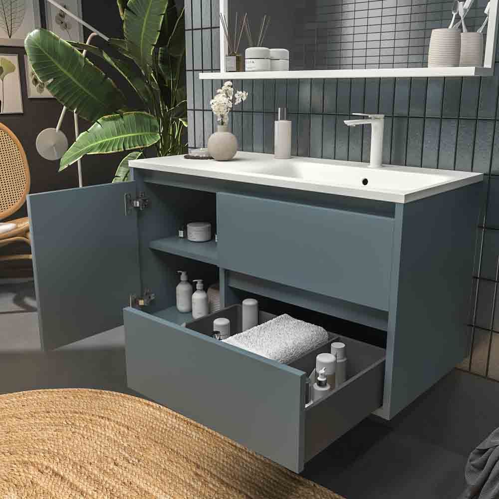 Mueble de baño suspendido 2 cajones / 1 puerta CLAIRE con lavabo Solid Surface GRIS AZULADO