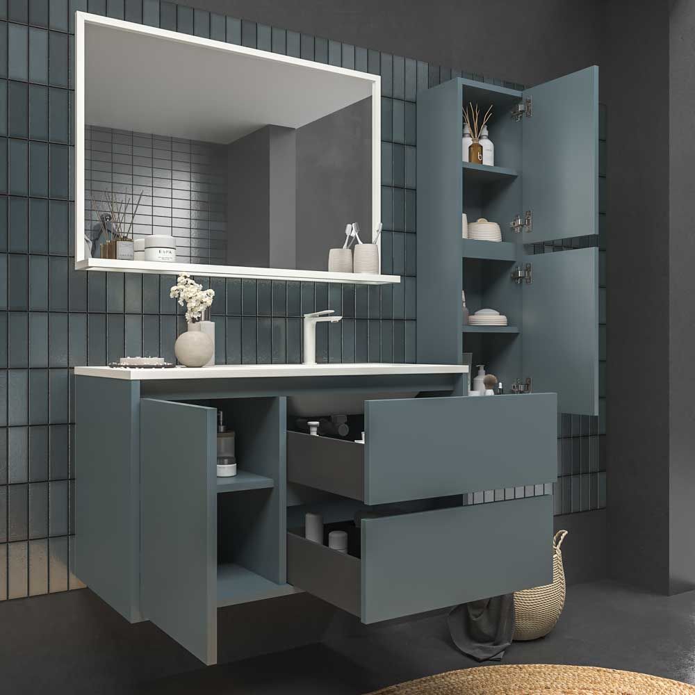 Mueble de baño suspendido 2 cajones / 1 puerta CLAIRE con lavabo Solid Surface GRIS AZULADO