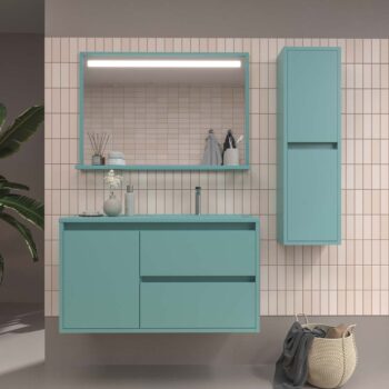 Mueble de baño suspendido 2 cajones / 1 puerta CLAIRE con lavabo Solid Surface GRIS AZULADO