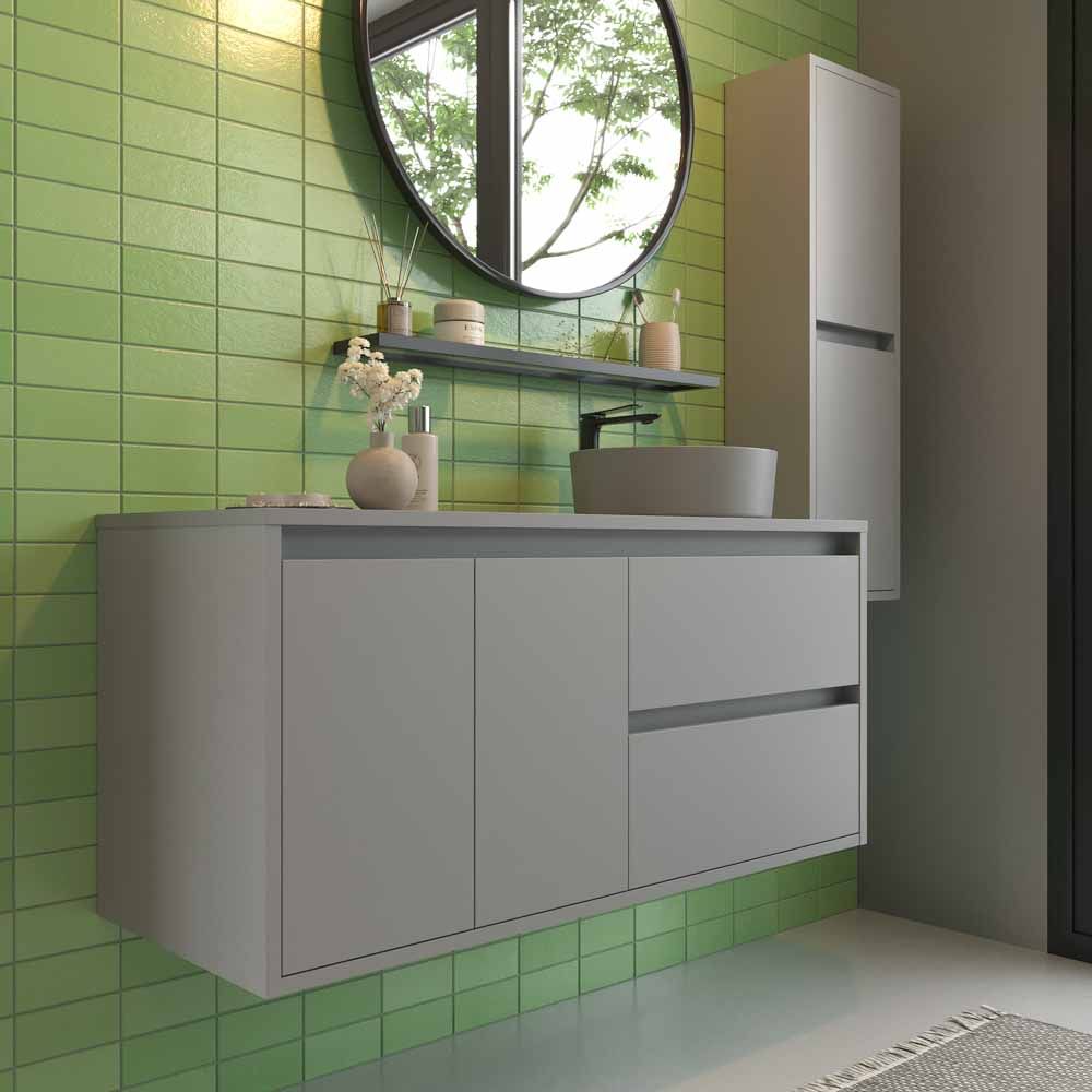 Mueble de baño suspendido 2 cajones/2 puertas CLAIRE con lavabo Solid Surface GRIS PIEDRA