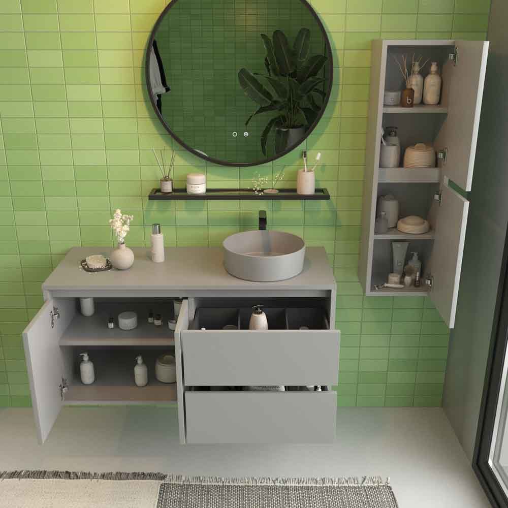 Mueble de baño suspendido 2 cajones/2 puertas CLAIRE con lavabo Solid Surface GRIS PIEDRA