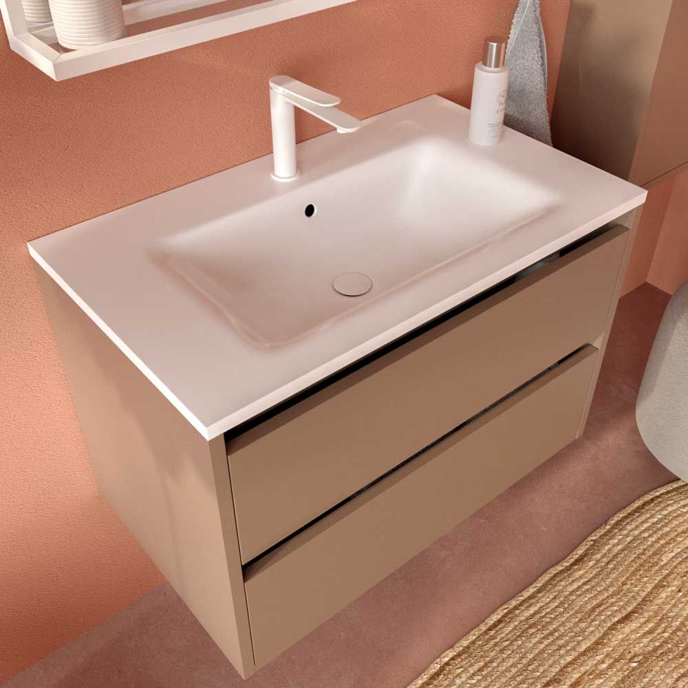 Mueble de baño suspendido 2 cajones CLAIRE con lavabo Solid Surface PARDO PALIDO
