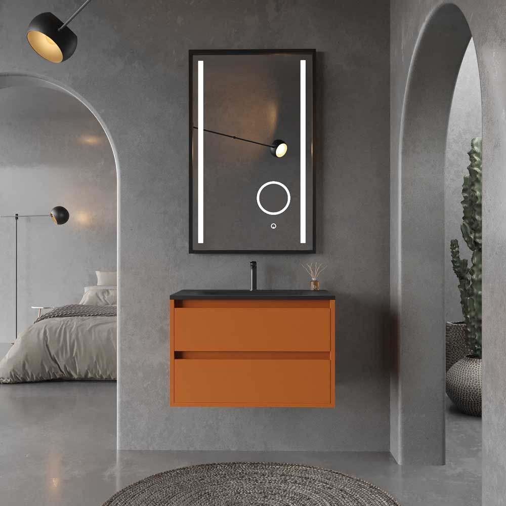 Mueble de baño suspendido 2 cajones CLAIRE con lavabo Solid Surface PARDO ANARANJADO