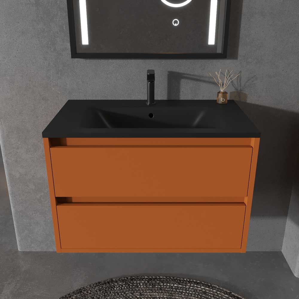 Mueble de baño suspendido 2 cajones CLAIRE con lavabo Solid Surface PARDO ANARANJADO