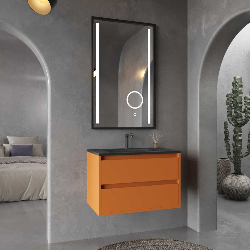 Mueble de baño suspendido 2 cajones CLAIRE con lavabo Solid Surface PARDO ANARANJADO