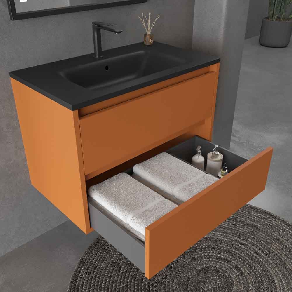 Mueble de baño suspendido 2 cajones CLAIRE con lavabo Solid Surface PARDO ANARANJADO