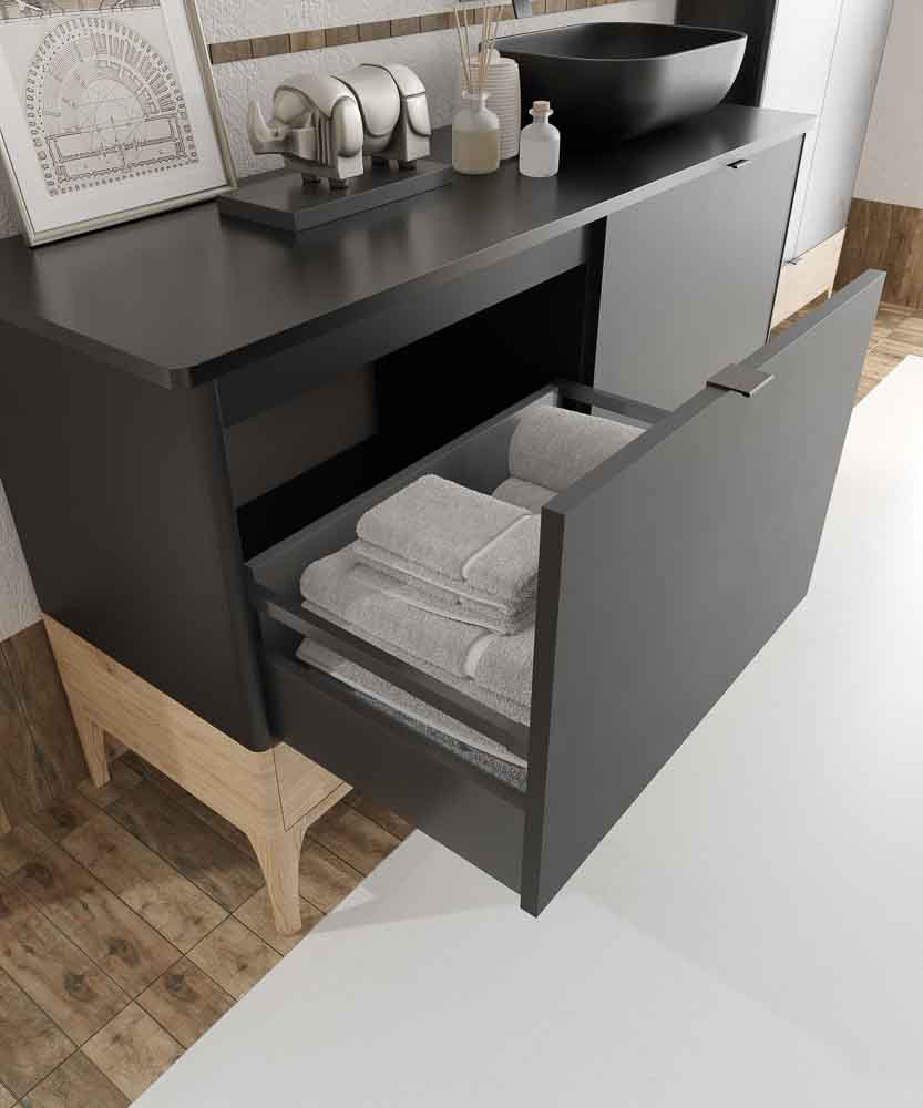Mueble de baño VICENT con patas 4 cajones encimera Solid Surface con lavabo SATET