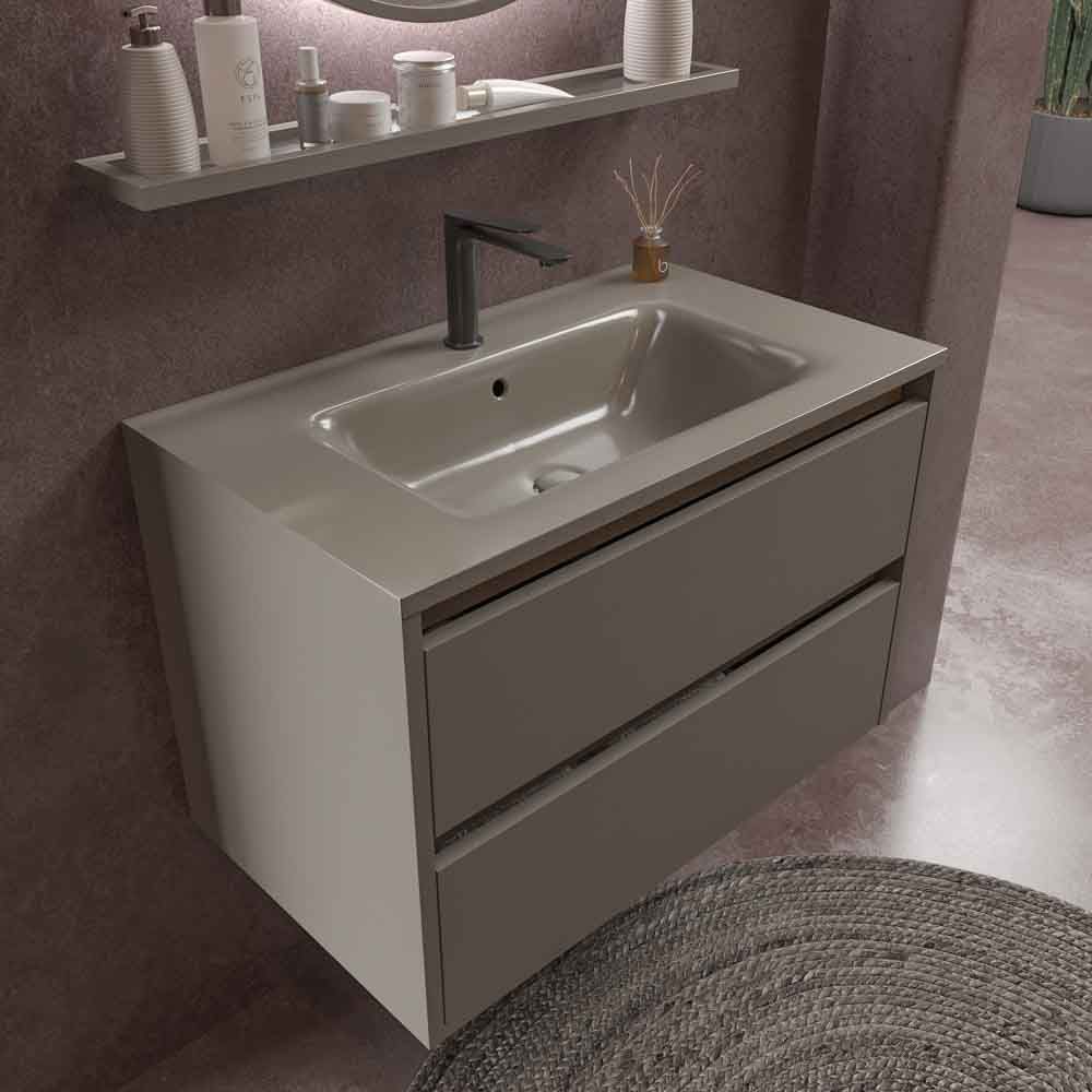 Mueble de baño suspendido 2 cajones CLAIRE con lavabo Solid Surface GRIS CUARZO
