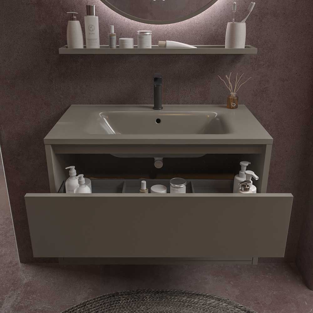 Mueble de baño suspendido 2 cajones CLAIRE con lavabo Solid Surface GRIS CUARZO