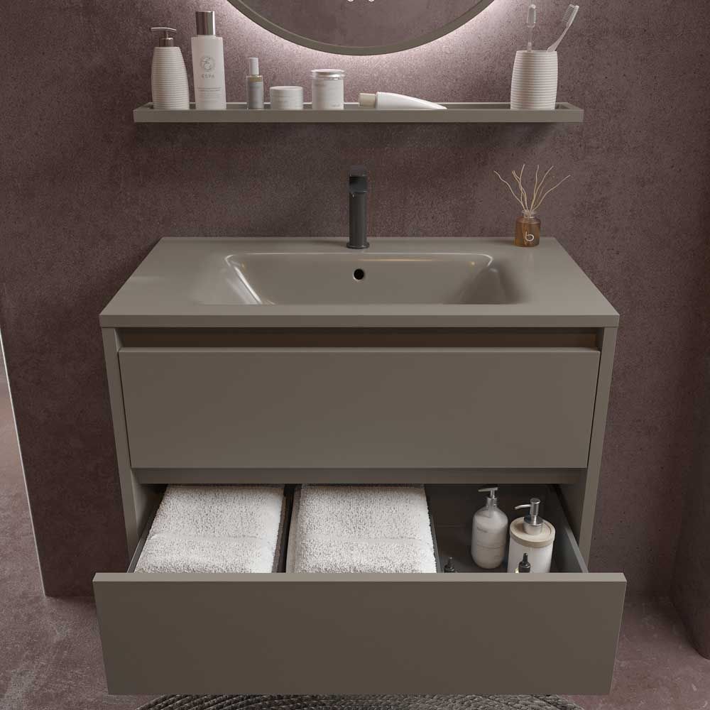 Mueble de baño suspendido 2 cajones CLAIRE con lavabo Solid Surface GRIS CUARZO