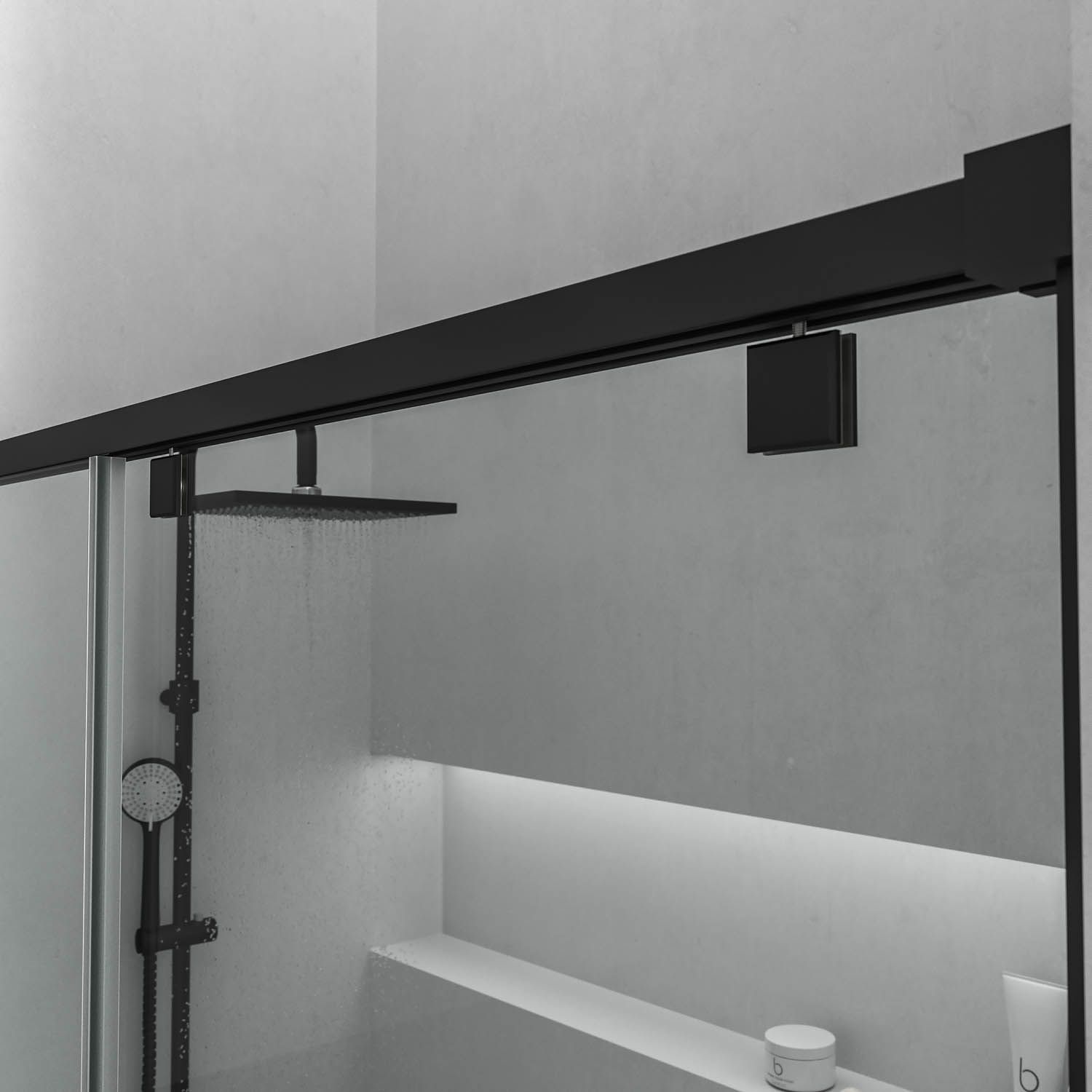 Mampara de ducha frontal LIFE 1 fijo + 1 puerta corredera vidrio 8 mm con cierre amortiguado. Acabado NEGRO MATE