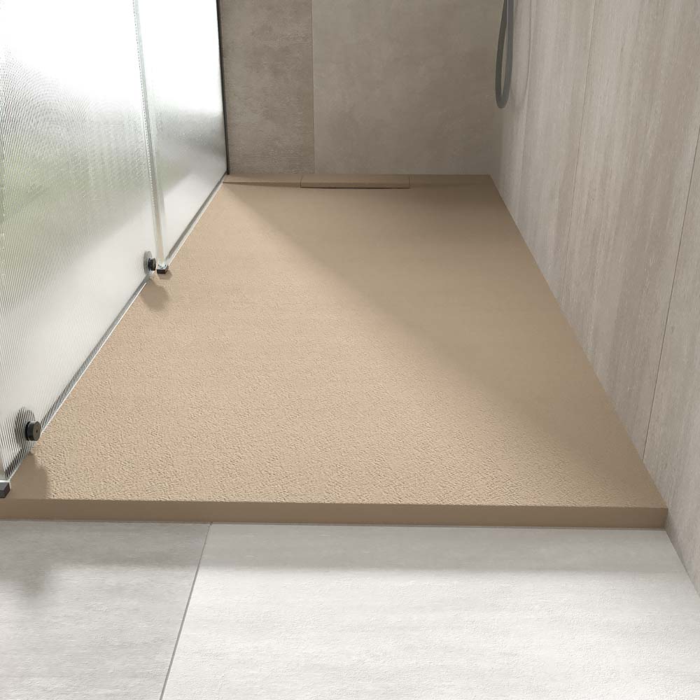 Plato ducha resina PLASTER moka - RAL 1019 - textura pizarra - antibacteriano y antideslizante. Rejilla oculta