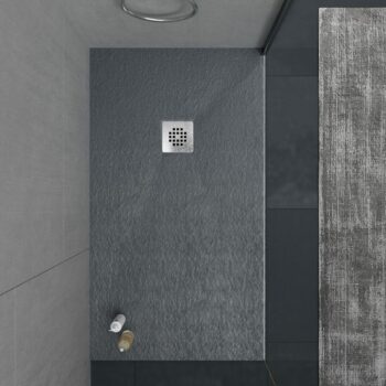 Plato ducha resina ONE Gris Antracita RAL 7016 y otros colores con textura pizarra antibacteriano y antideslizante. Rejilla inox